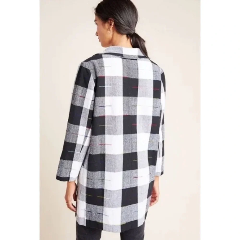 Anthropologie The Odells‎ Cairo Plaid Longline Blazer Jacket Black White XS